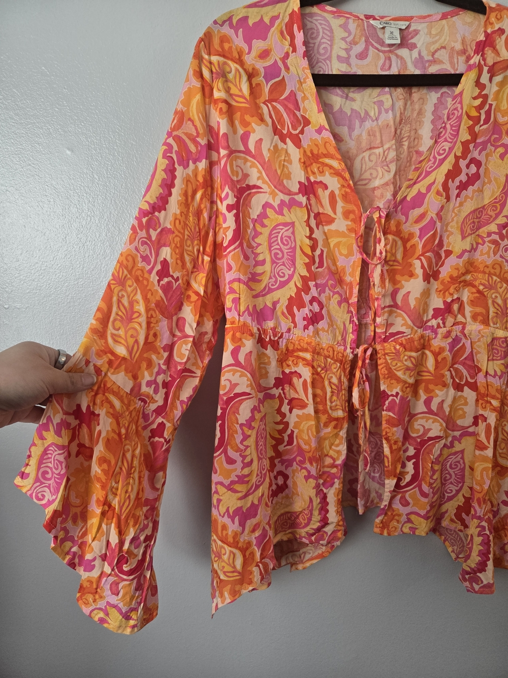 Cato Paisley Swim Cover Up Pink Orange Yellow Tie Front Bell Sleeve Chiffon XL - Picture 2 of 8